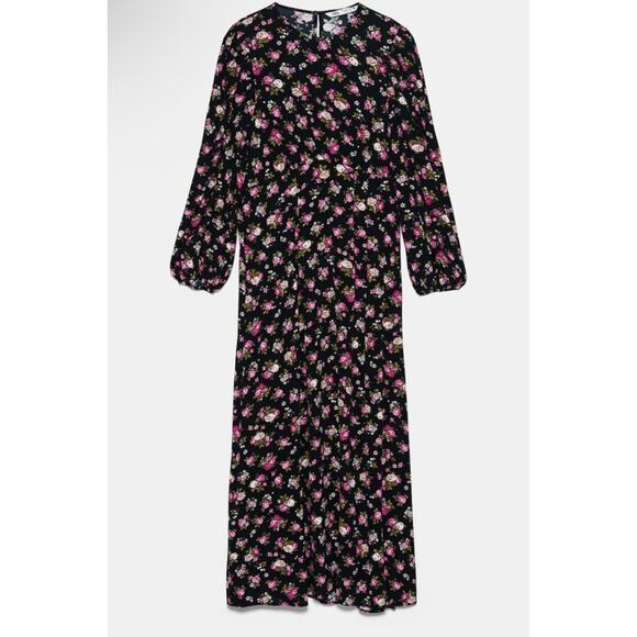 Zara Printed Long Sleeve Black Florals Midi Dress Size Small - Picture 1 of 15